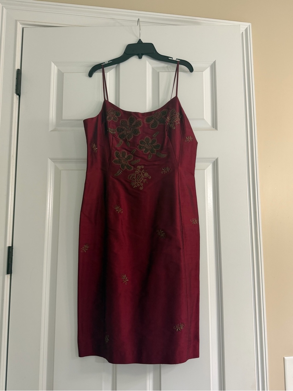 Ann Taylor Burgundy Mini Dress with Gold and Brown Floral Embroidery and beads.